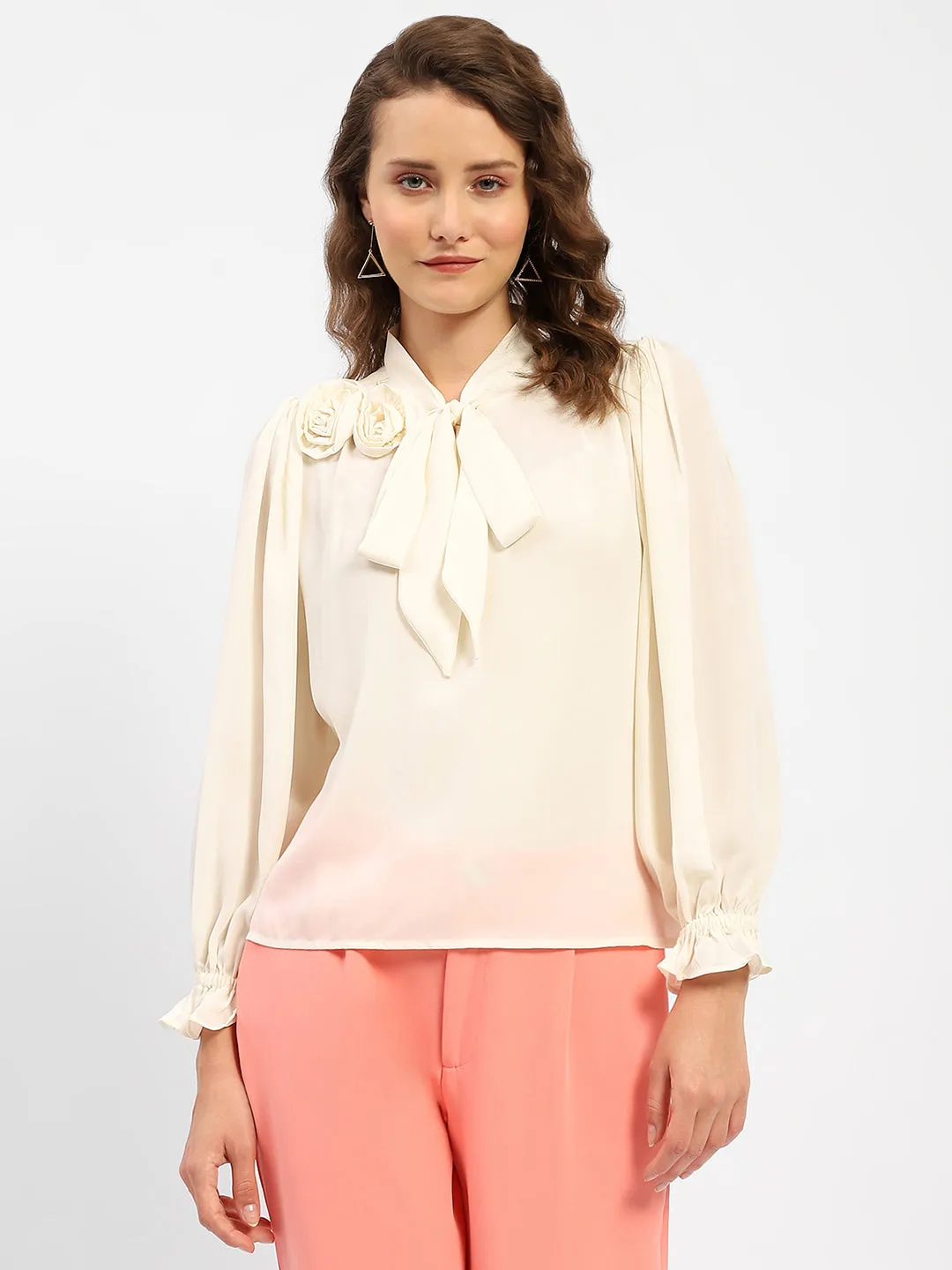 Holiday Style Madame Applique Adorned Off-White Shirt