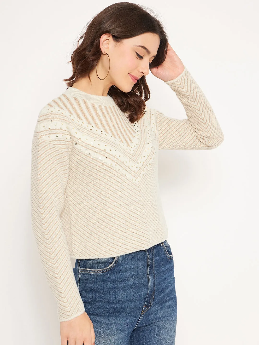 Madame Beige Embellished Sweater Performance Layer Fit