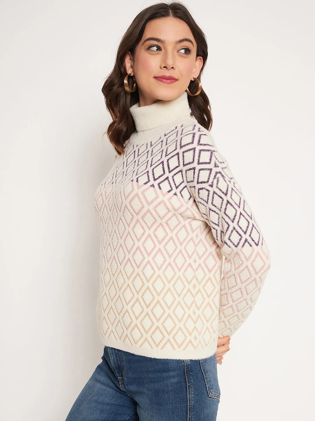 Comfortable Layer Drop Shoulder Madame Beige High Neck Sweater