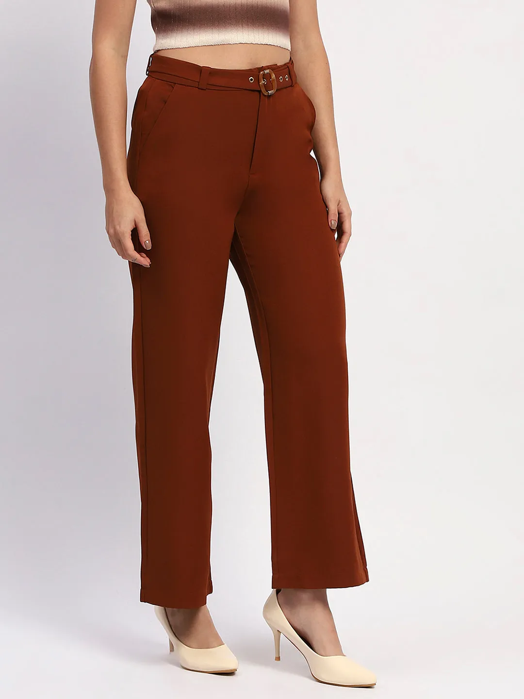 All Day Fit Madame Belted Straight Fit Solid Rust Trousers