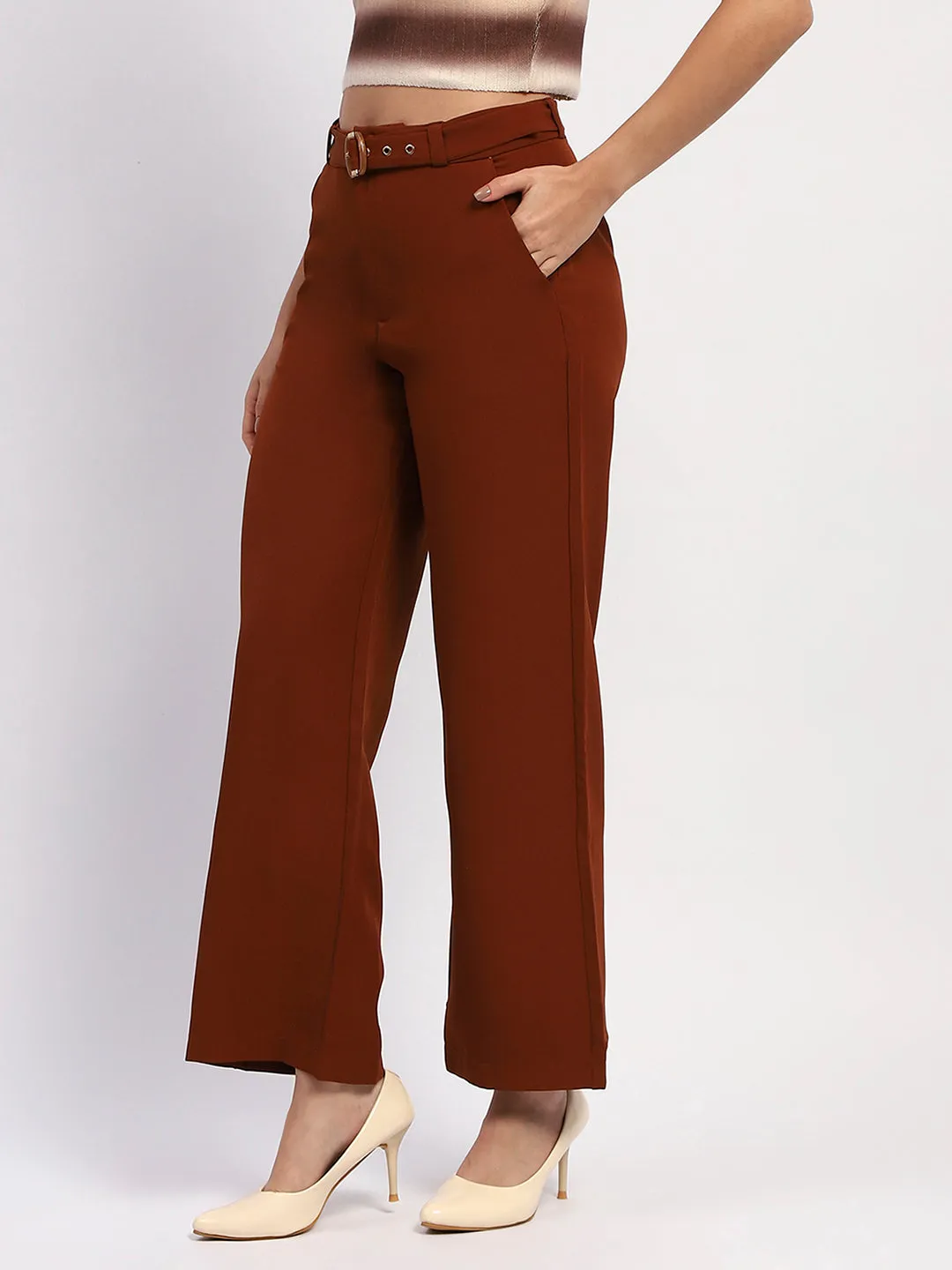 Flexible Performance Wear Madame Belted Straight Fit Solid Rust Trousers