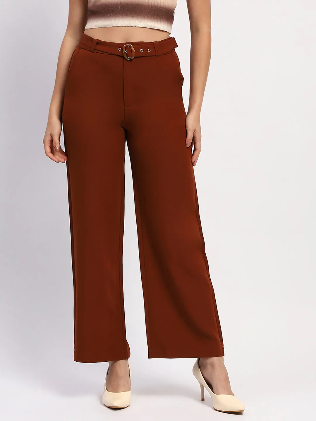 Classy Fit Clean Lines Madame Belted Straight Fit Solid Rust Trousers