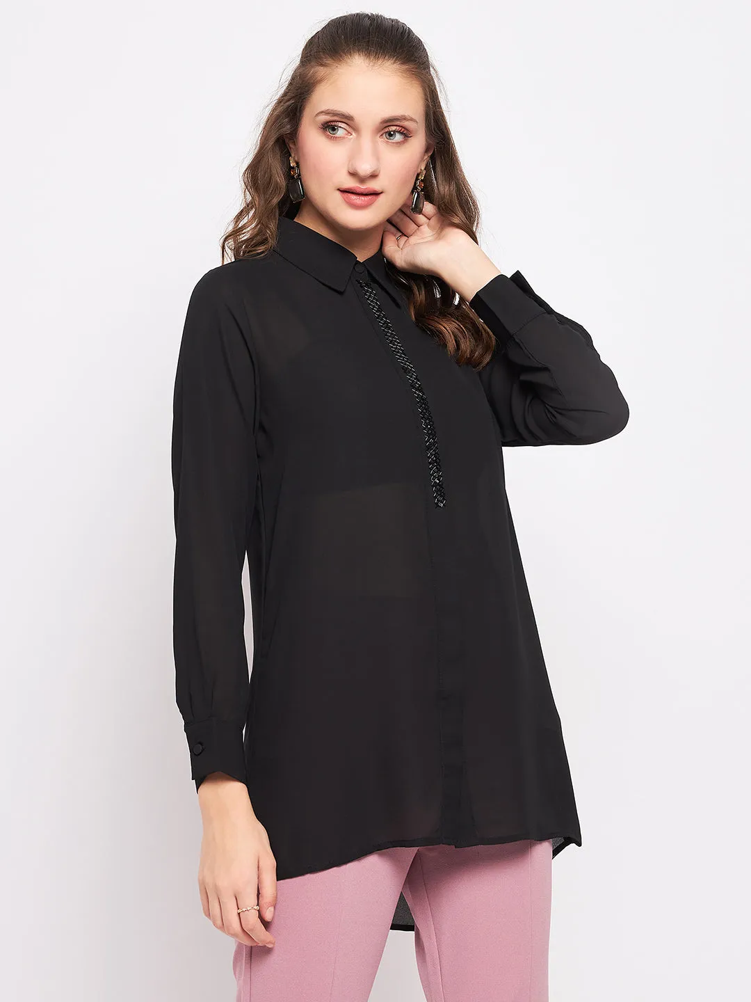 Madame Black Embellished Shirt Fashion Layer