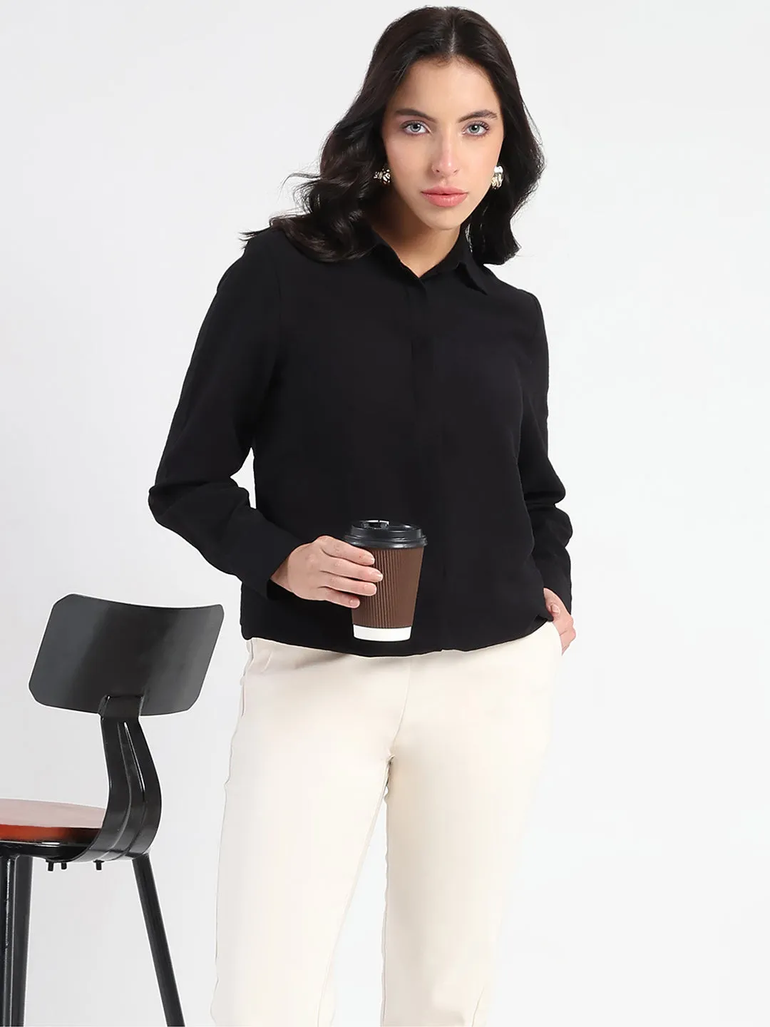 Chilly Weather Wear Neutral Toned Stitching Madame Black Rayon Blend Shirt