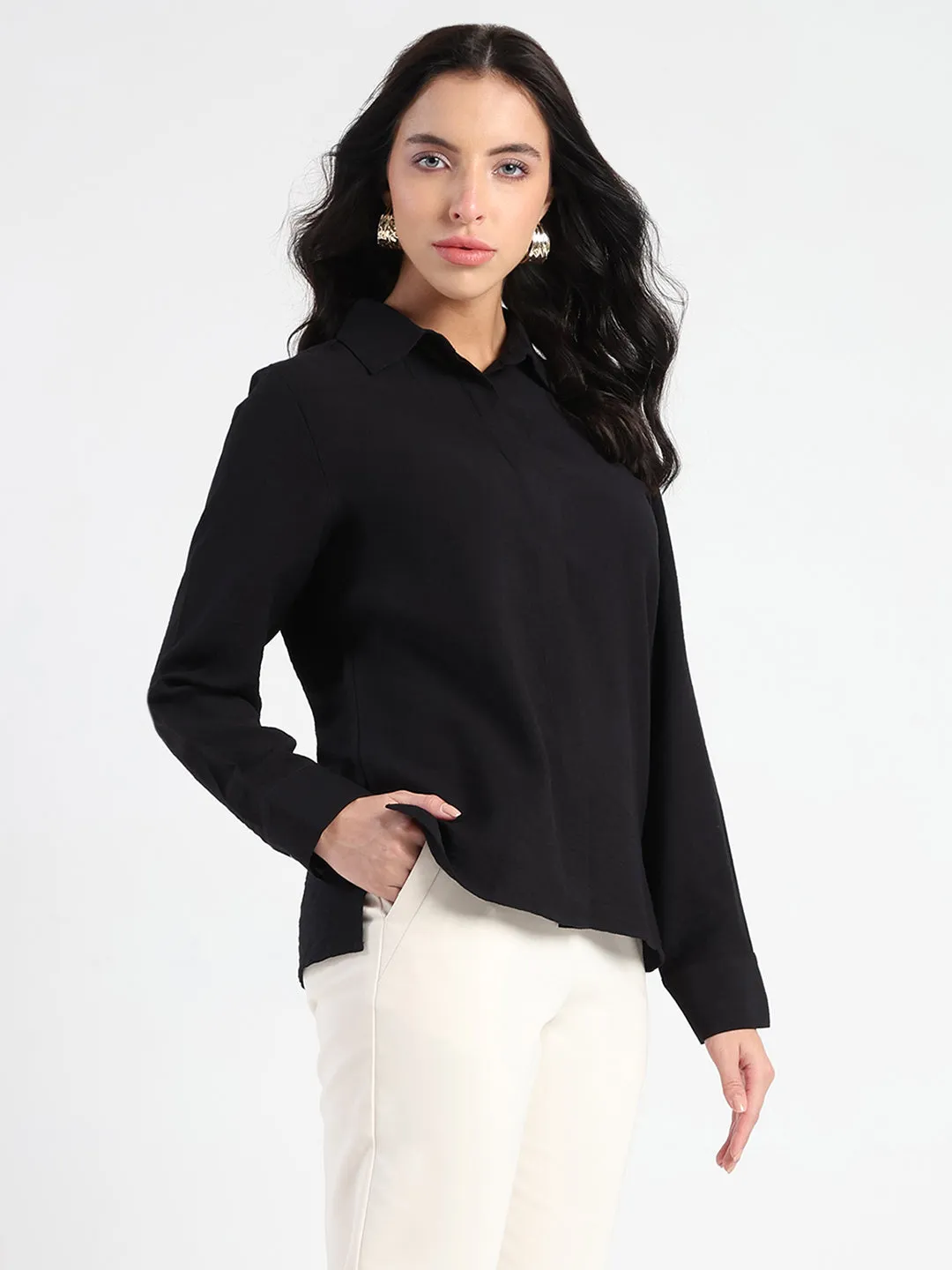 Tuckable Hem Madame Black Rayon Blend Shirt