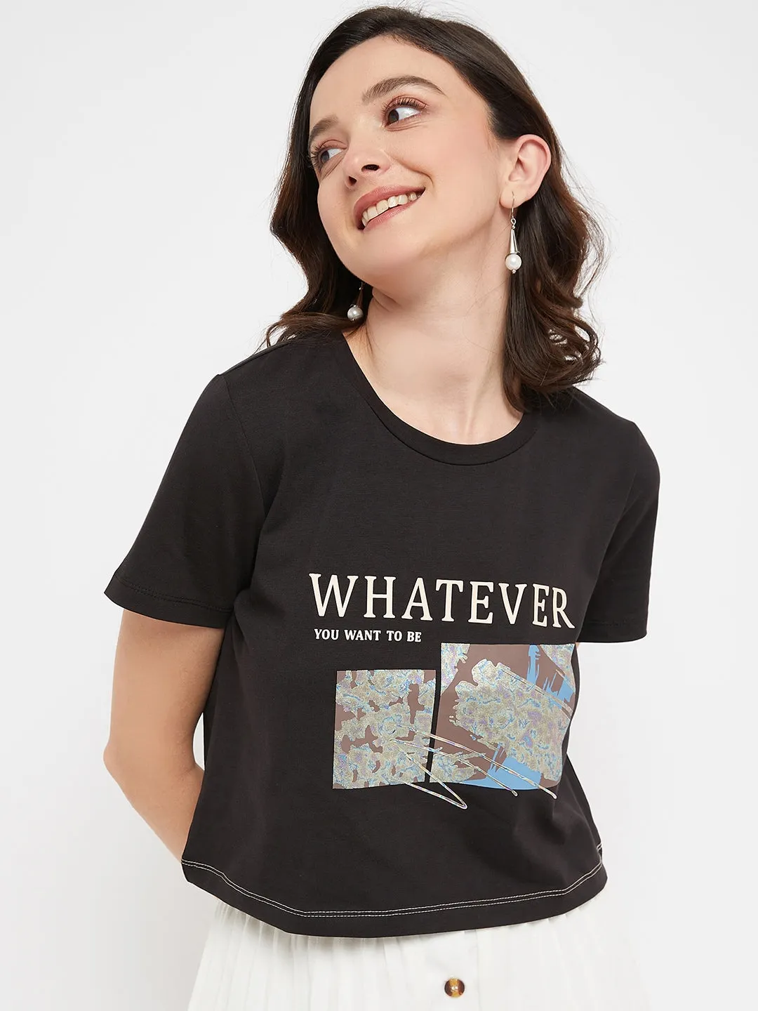 comfortable top Smooth Flatlock Stitching Madame Black Typography Cotton T-Shirt