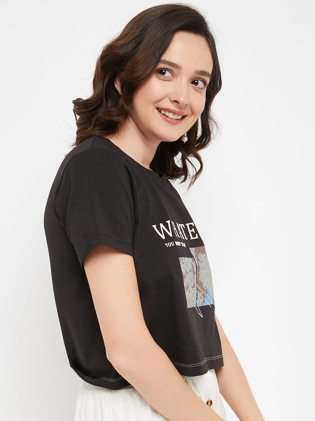 Madame Black Typography Cotton T-Shirt Layered Shoulder Design
