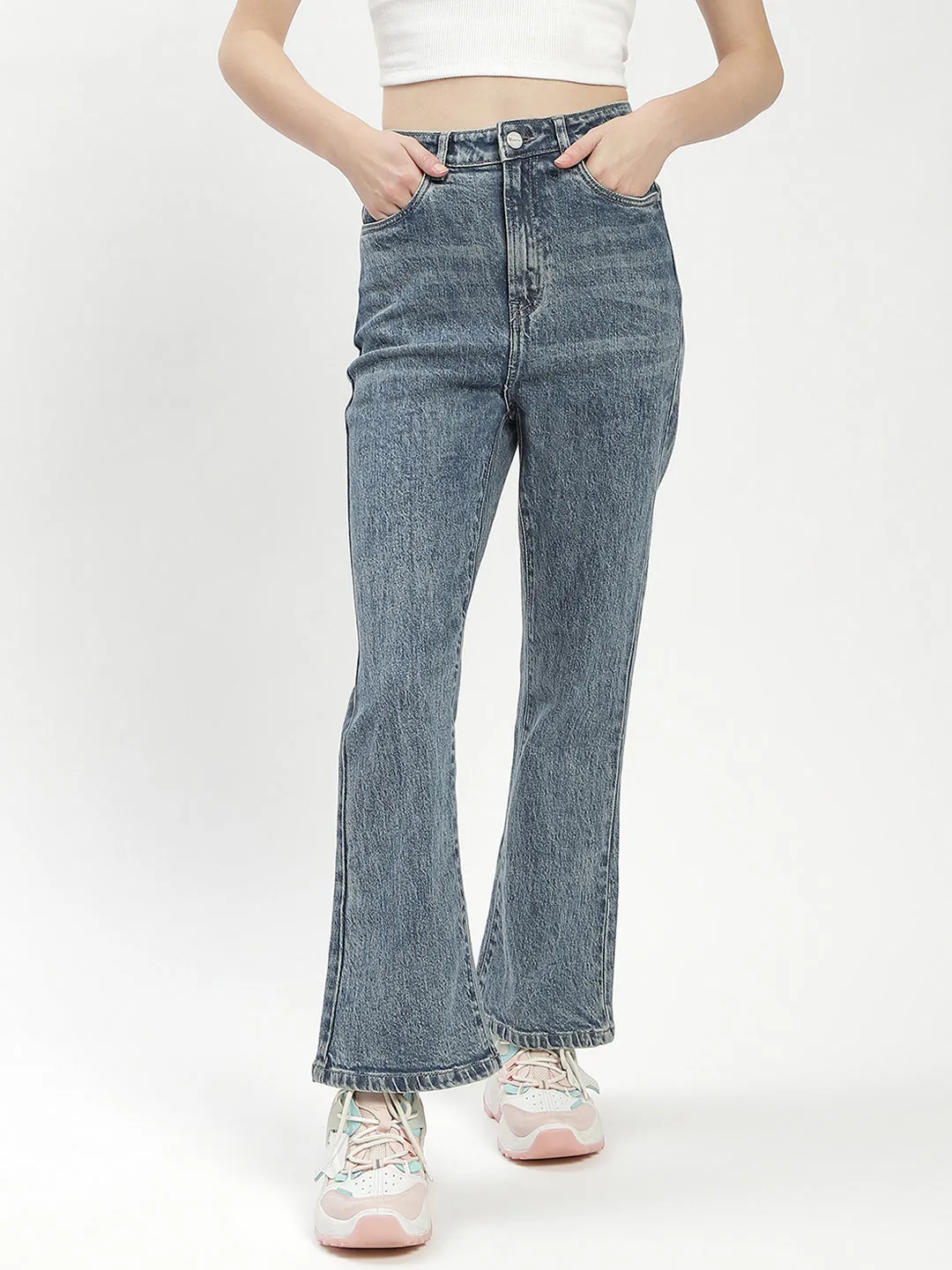 Unisex Wear Classic Professional Wear Madame Blue Whiskered Flared Jeans