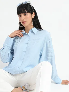 Neutral Colors Odor Control Technology Madame Botanical Embroidery Blue Rayon Blend Shirt