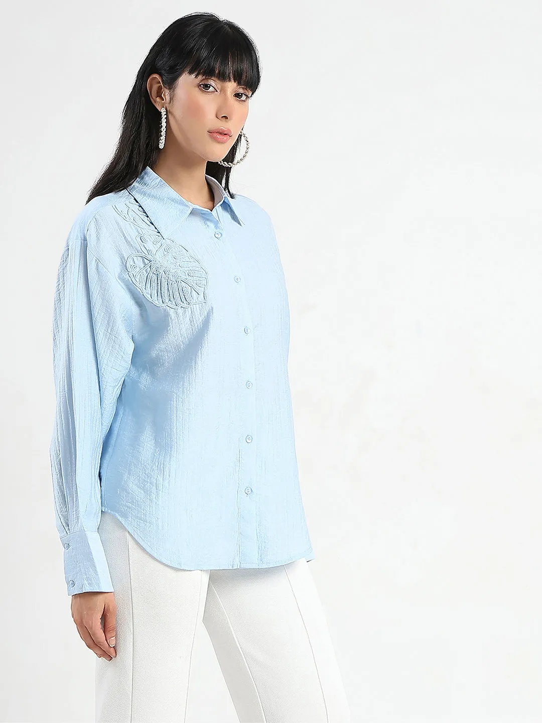 Non Restrictive Armhole Madame Botanical Embroidery Blue Rayon Blend Shirt