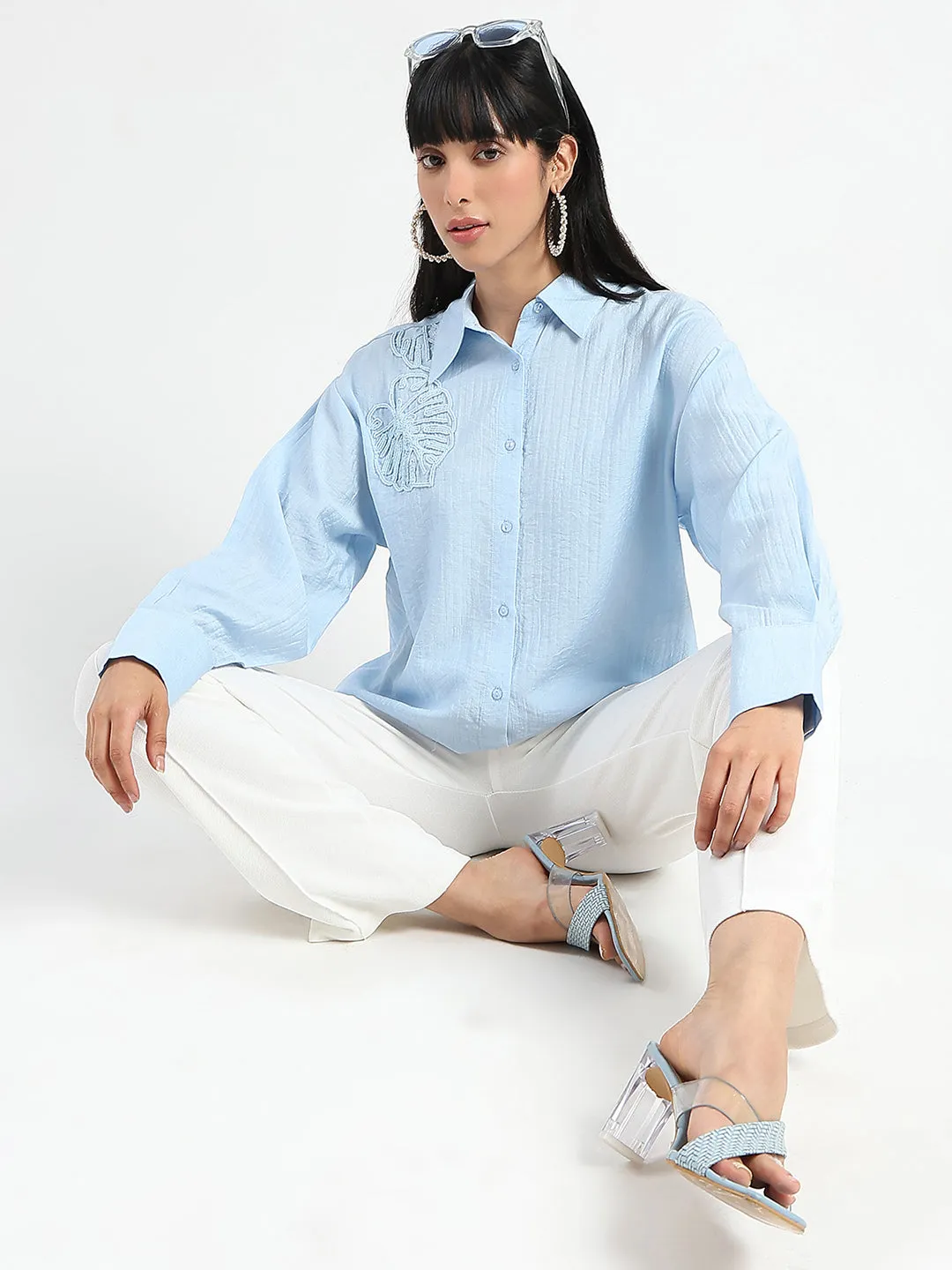 Madame Botanical Embroidery Blue Rayon Blend Shirt Breathable back panel