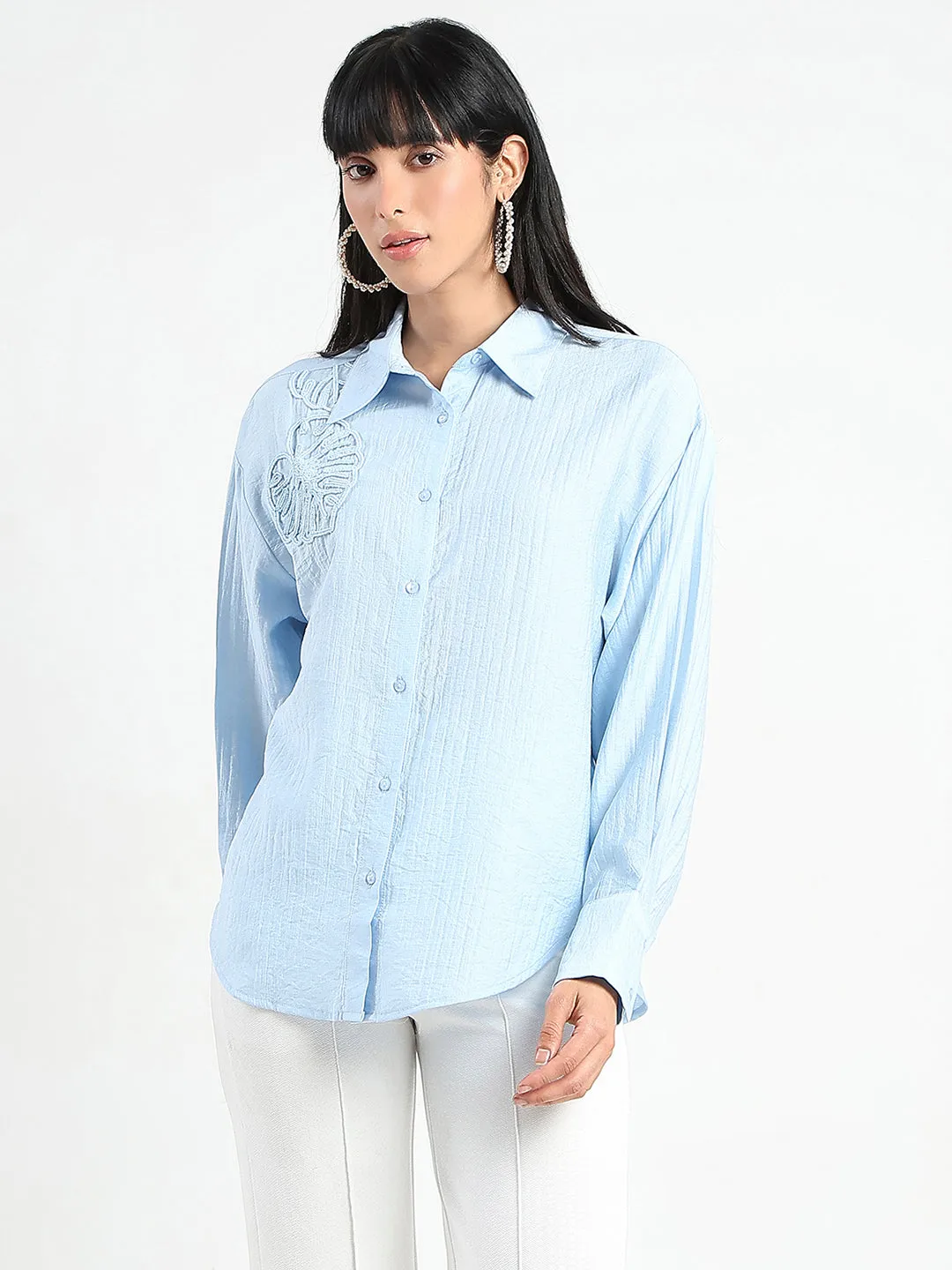 Madame Botanical Embroidery Blue Rayon Blend Shirt Street Style Limited Edition