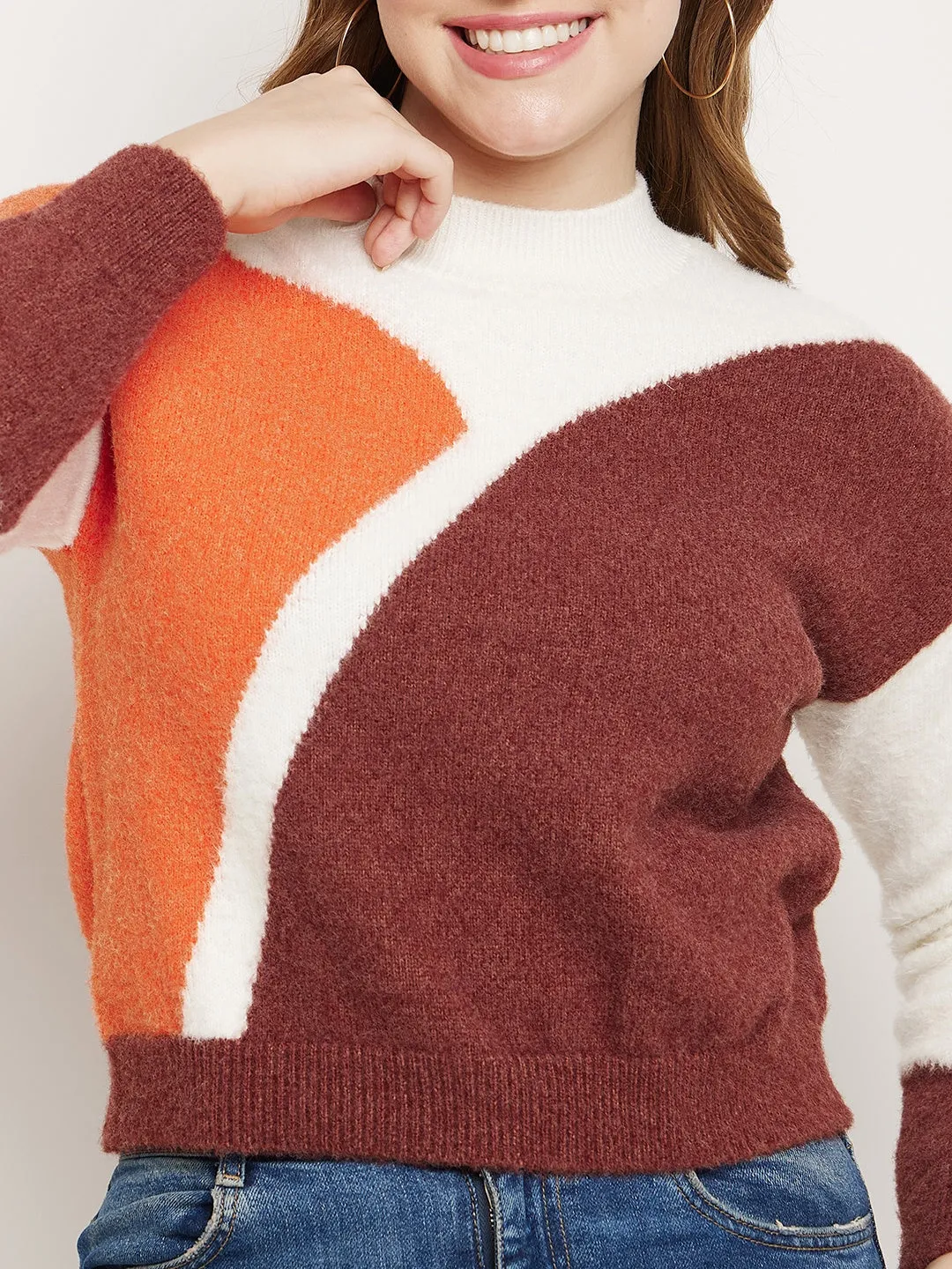 Light and Cozy Comfy and Stylish Madame Brown Colourblocked Round Neck Sweater