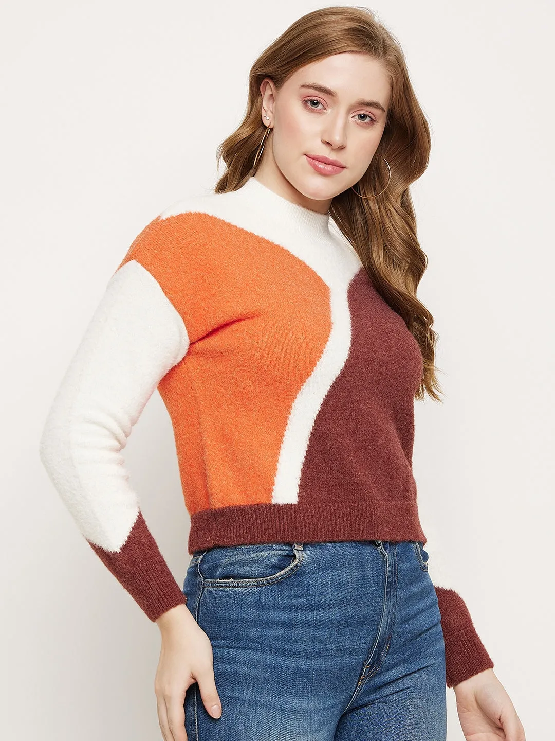 Madame Brown Colourblocked Round Neck Sweater Quick Dry Weave