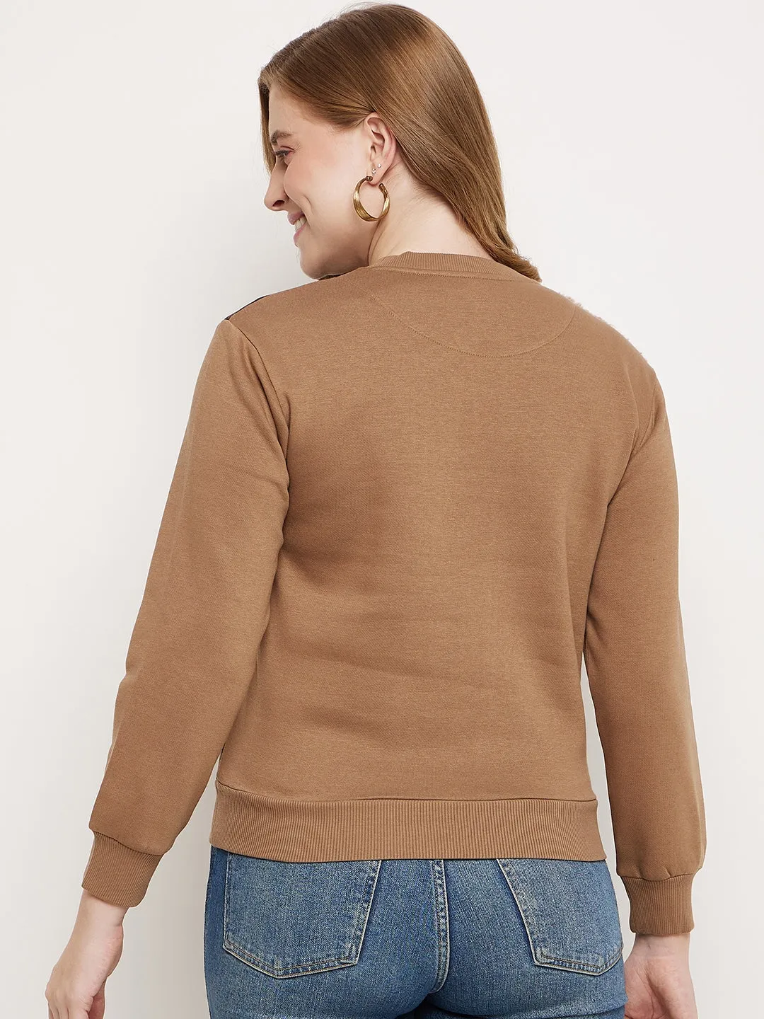 Satin Lining Cozy Basics Madame Brown Fleece And Faux Leather Colourblocked Sweatshirt