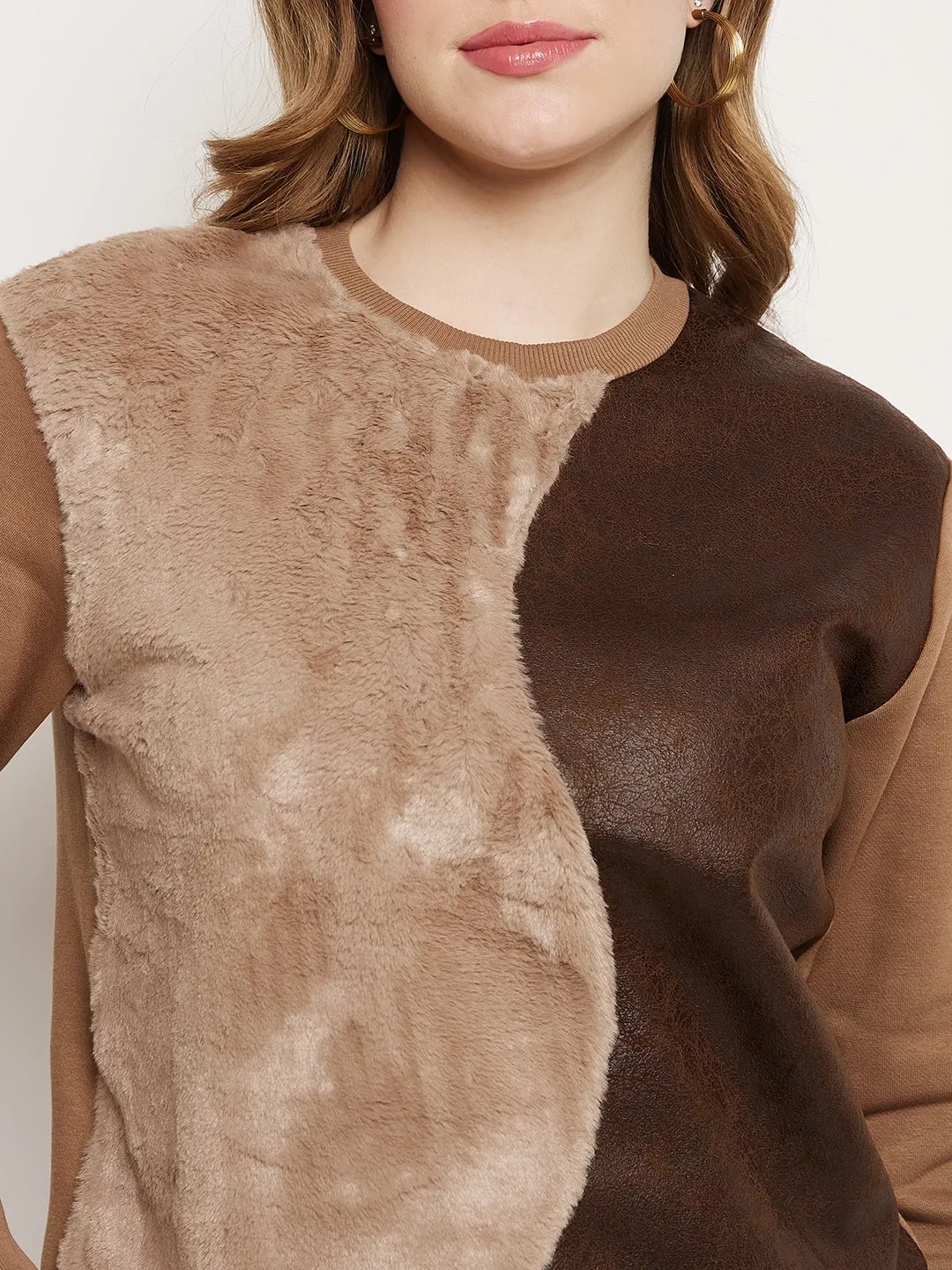 Active Wearable Slim Silhouette Madame Brown Fleece And Faux Leather Colourblocked Sweatshirt