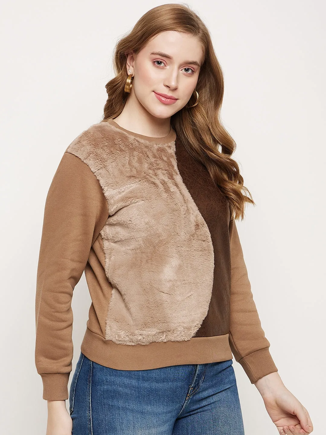 Madame Brown Fleece And Faux Leather Colourblocked Sweatshirt Gym Essential