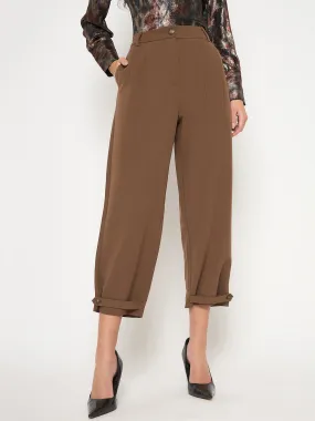 Light Wear Fit Madame Buckled Hem Warm Tan Rayon Blend Trousers