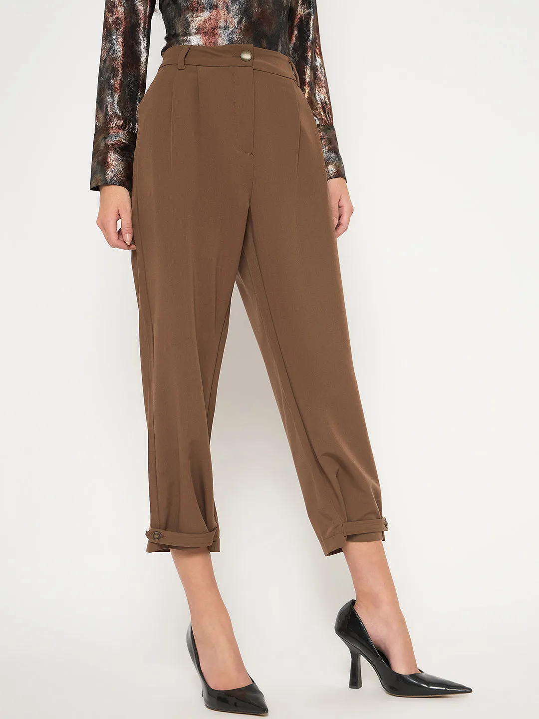 Sport Fit Madame Buckled Hem Warm Tan Rayon Blend Trousers