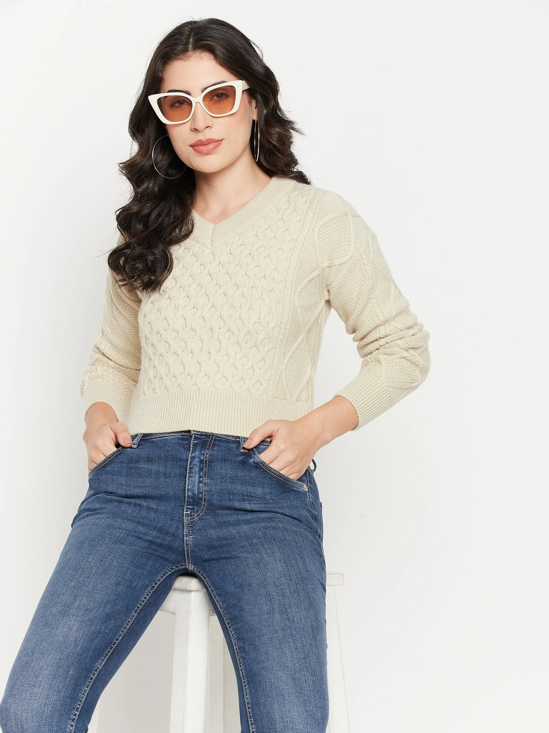 Breathable Core Breathable Fit Wear Madame Cable Knit Beige Crop Sweater