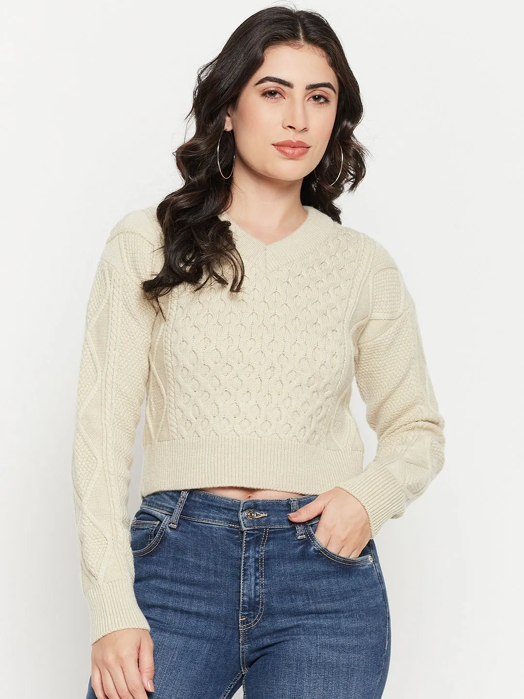 Cold Weather Gear Comfy Stretch Design Madame Cable Knit Beige Crop Sweater