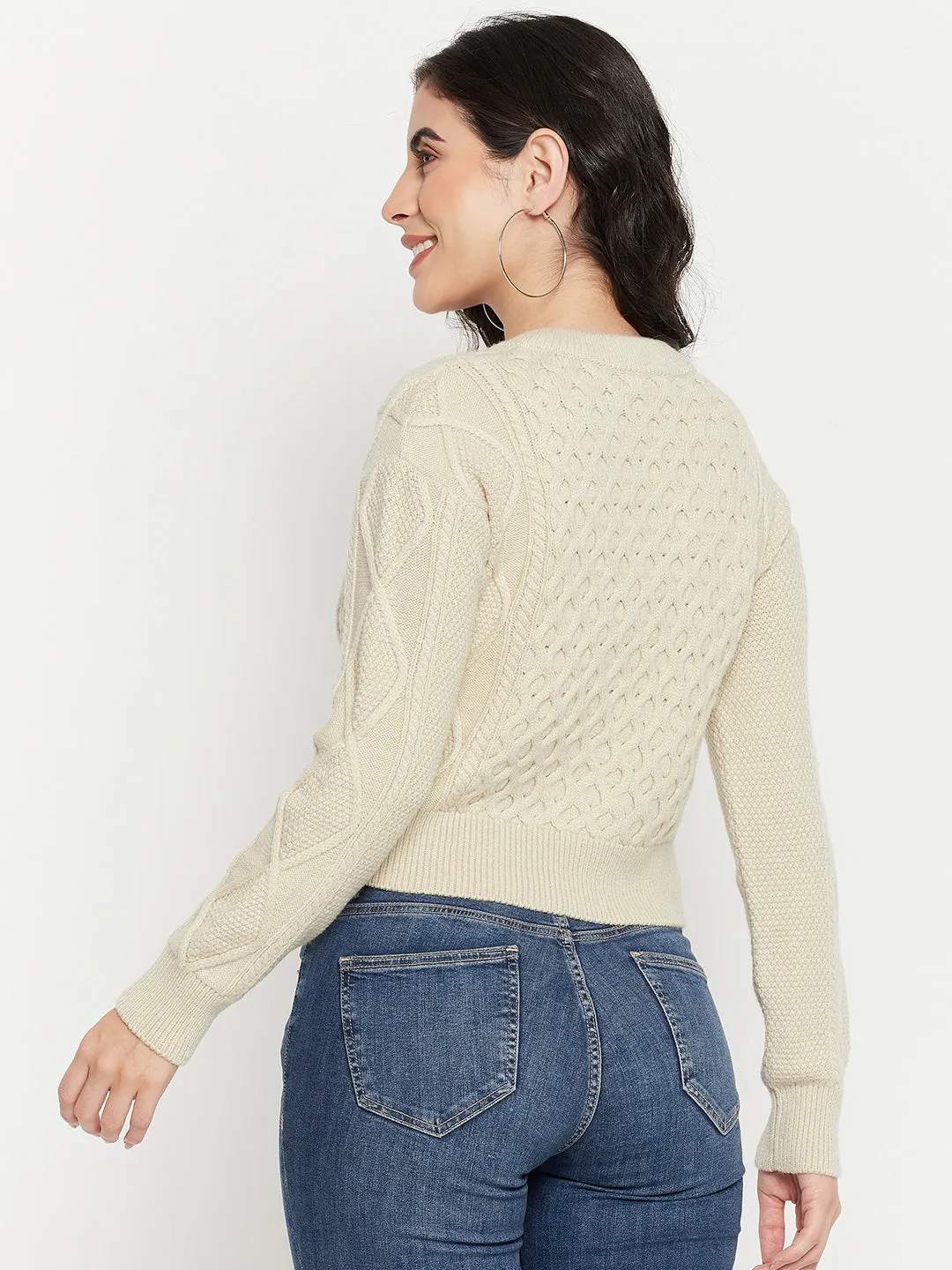Knit texture Functional Fashion Madame Cable Knit Beige Crop Sweater