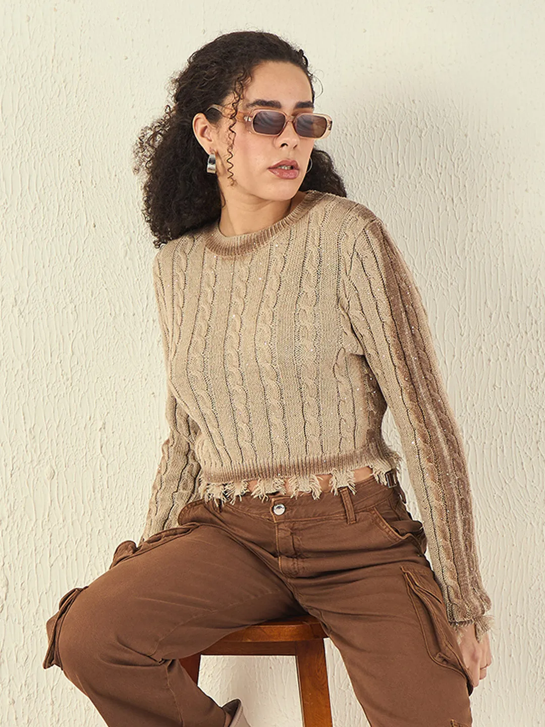 Madame Cable Knit Fawn Crop Sweater Cozy Midweight Fabric
