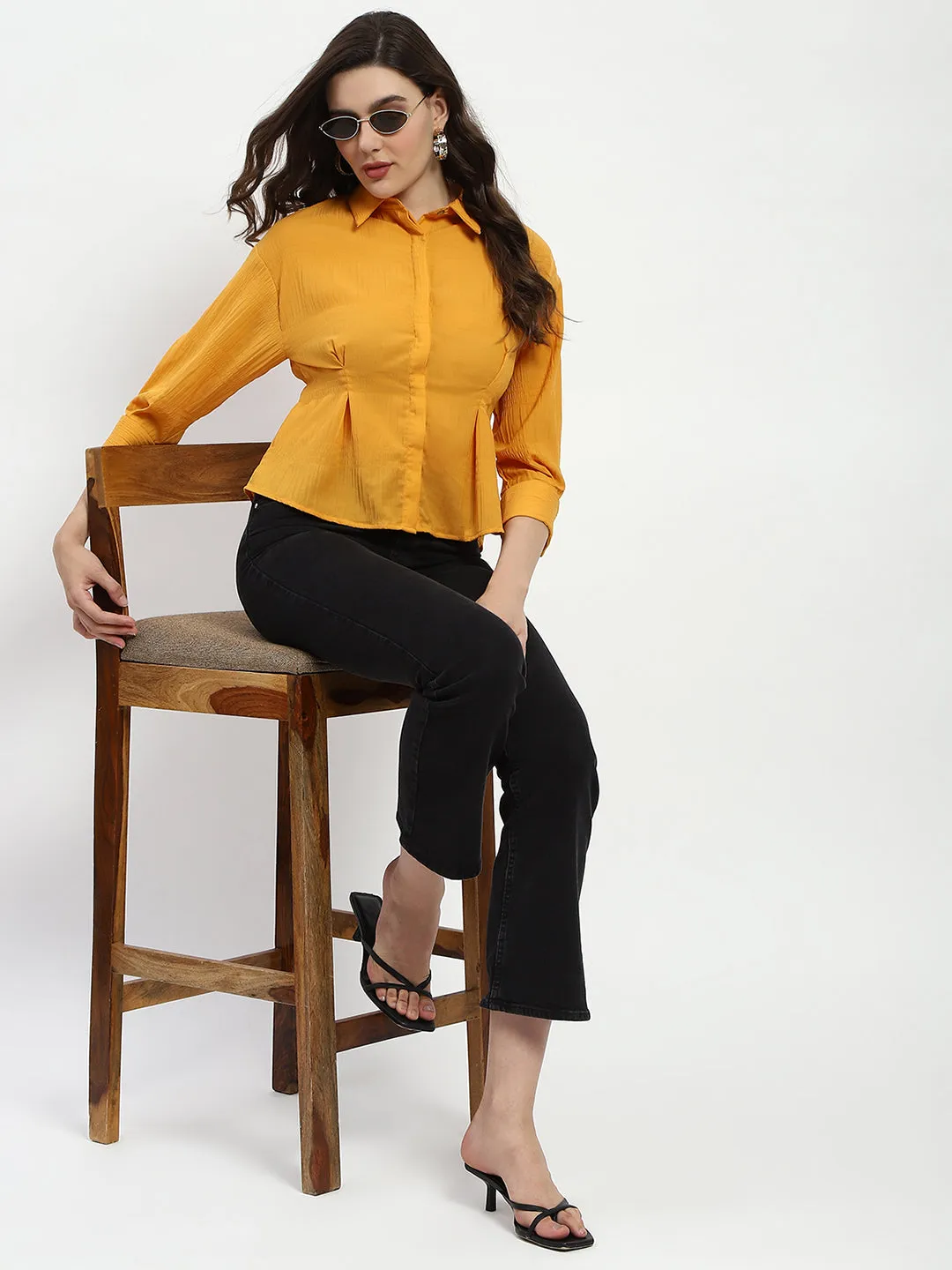 Glossy Texture Anti Odor Treatment Madame Cinched Waist Mustard Shirt
