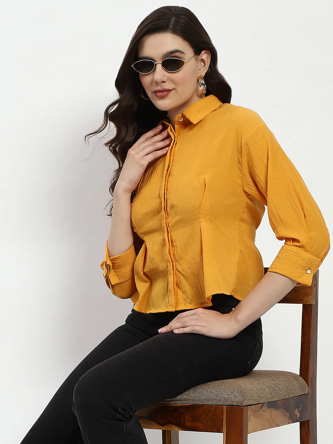 Trendy Fashion Madame Cinched Waist Mustard Shirt