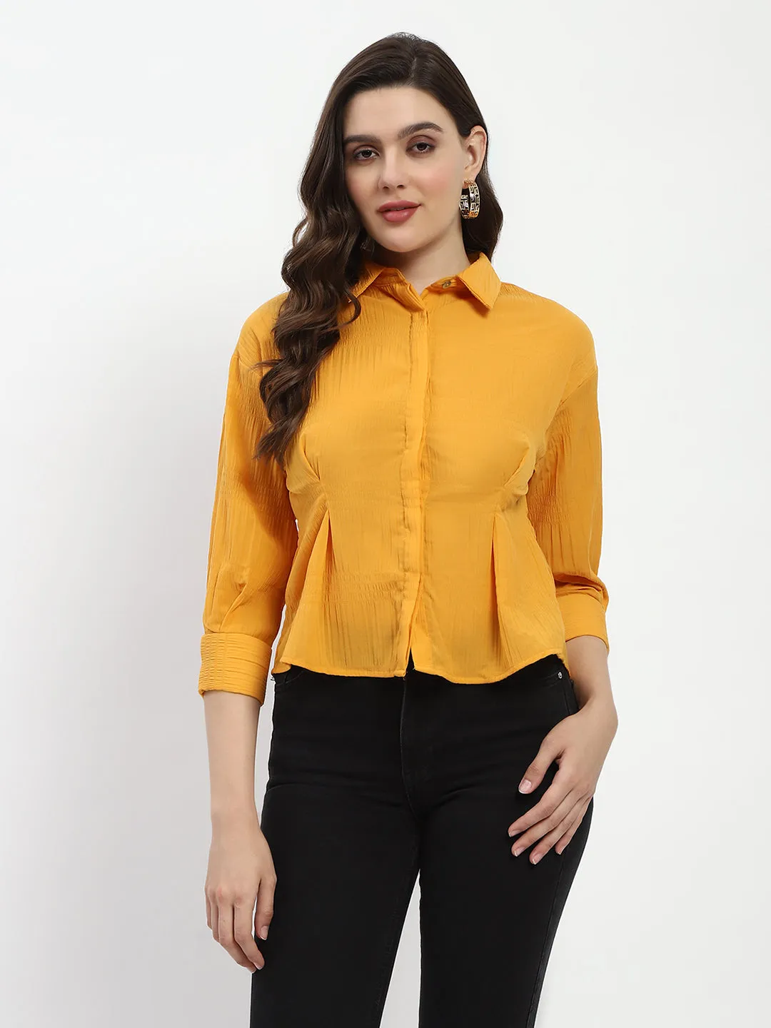 Madame Cinched Waist Mustard Shirt Evening Elegance