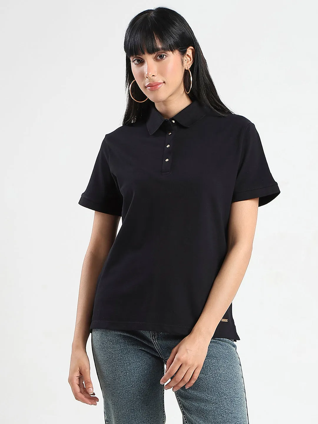 Complementary Colors Madame Collared Solid Black Cotton Blend Polo T-Shirt