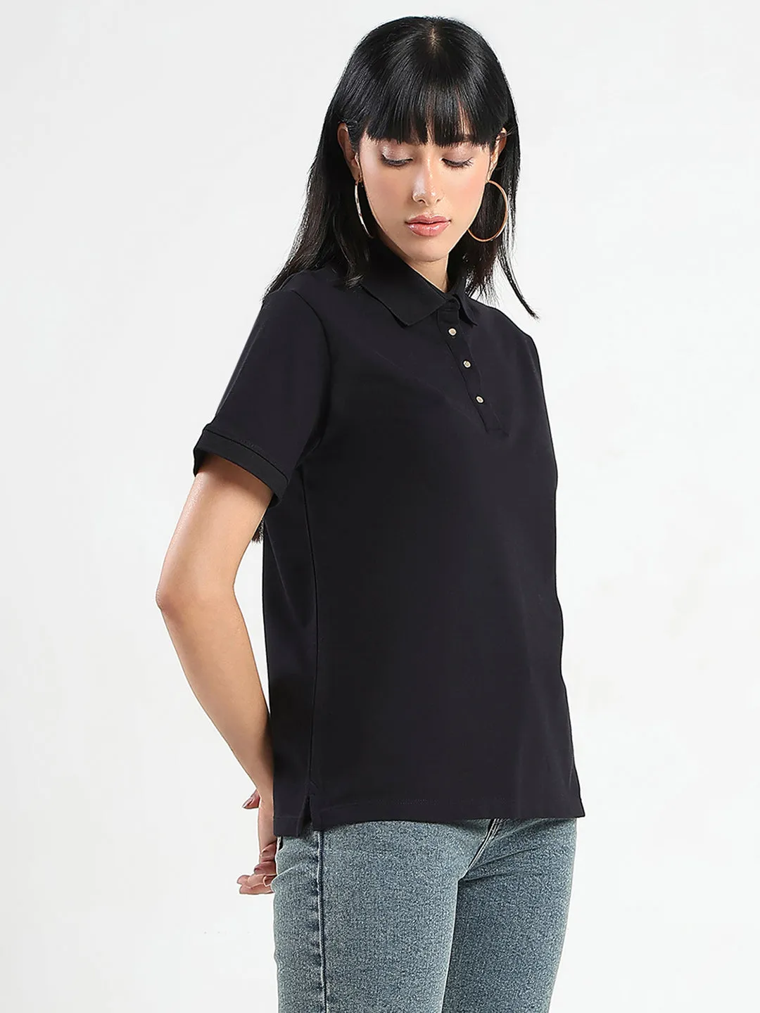 Madame Collared Solid Black Cotton Blend Polo T-Shirt Seasonal Comfort Style Perfect Wear