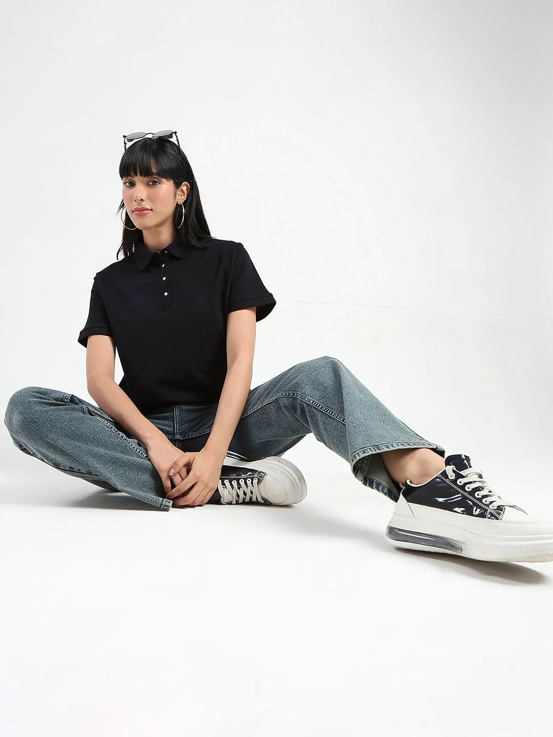 Hypoallergenic Textile Madame Collared Solid Black Cotton Blend Polo T-Shirt