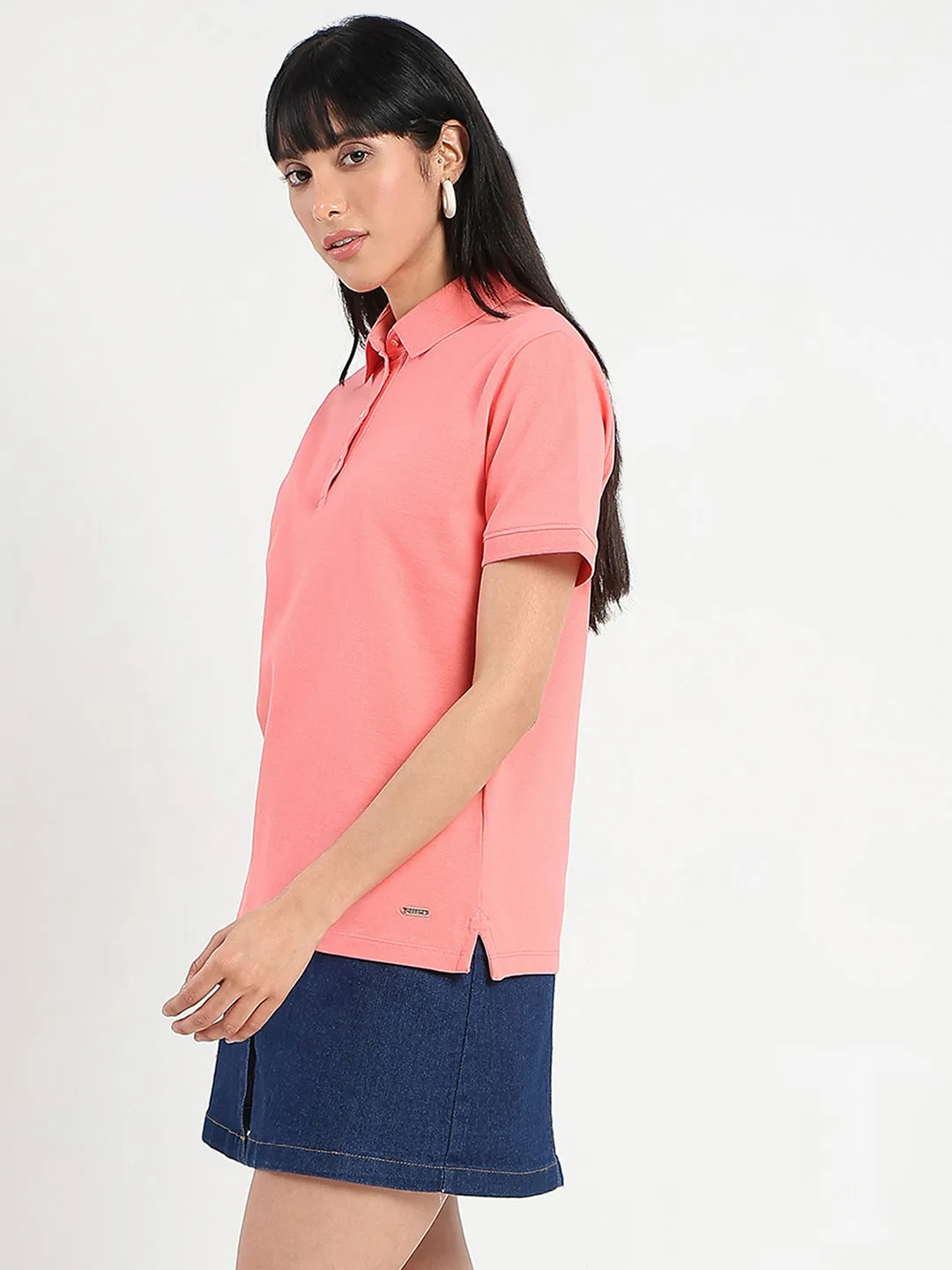Non Irritating Seams Madame Collared Solid Coral Cotton Blend Polo T-Shirt