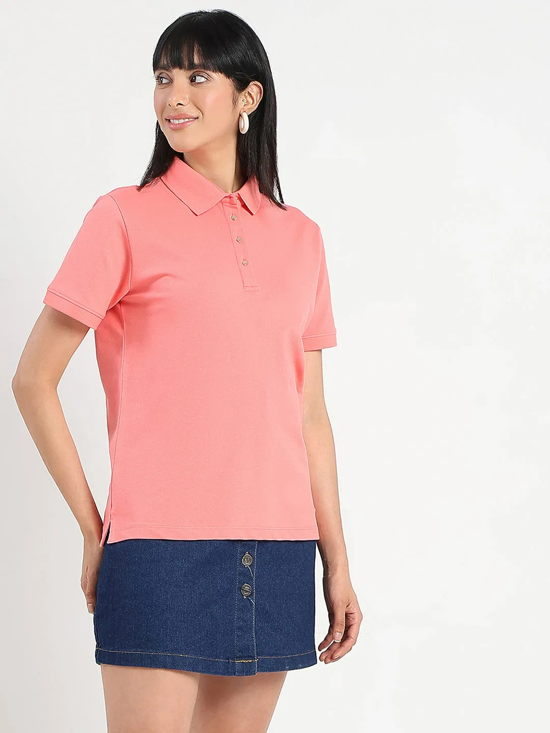 Comfort Waist Madame Collared Solid Coral Cotton Blend Polo T-Shirt