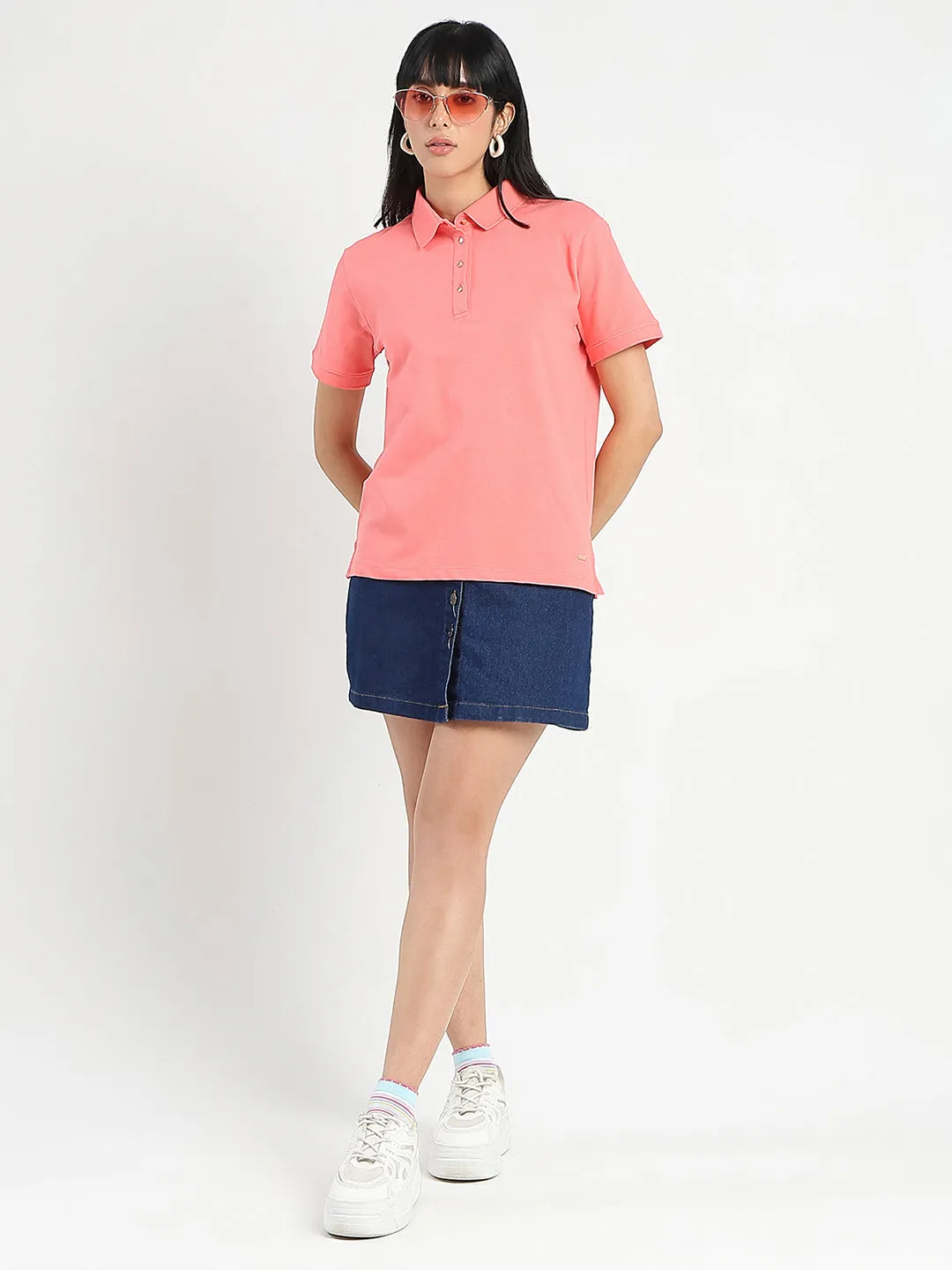 Madame Collared Solid Coral Cotton Blend Polo T-Shirt discount offer