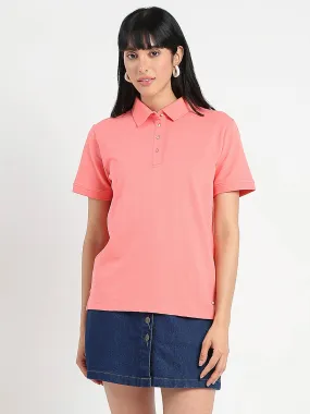 Breathable Yarn Composition Madame Collared Solid Coral Cotton Blend Polo T-Shirt