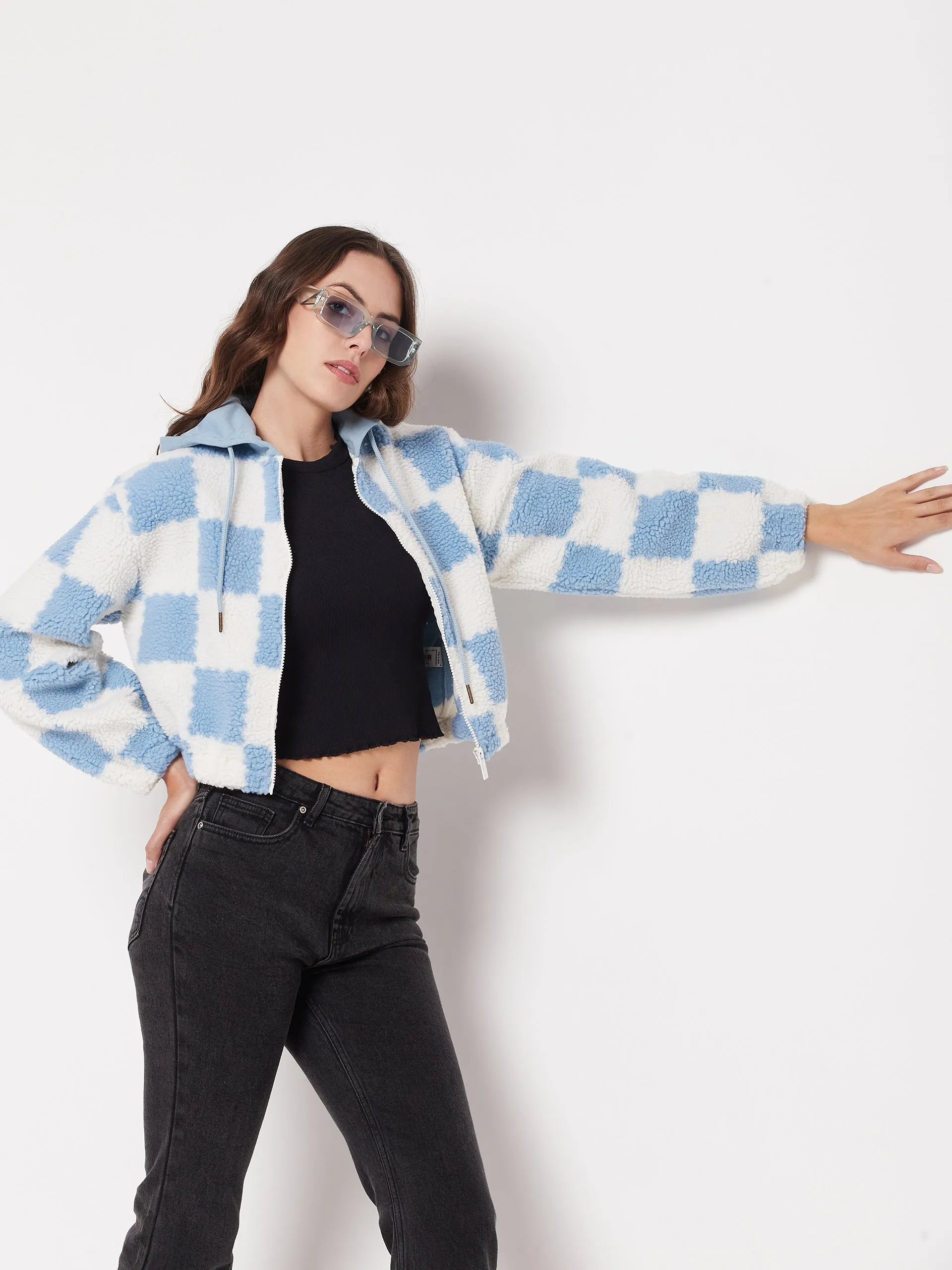 product houndstooth sophistication Polyester Material Madame Colour Blocked Sky-Blue Sweatshirt