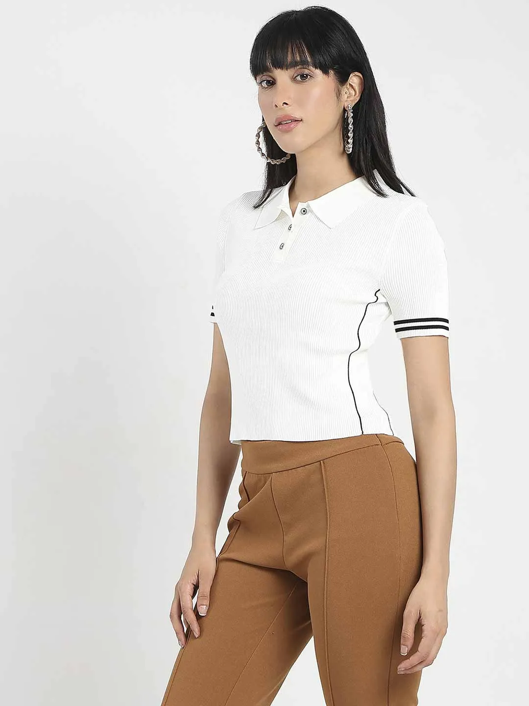 Fashion-Forward Fit Madame Contrast Trim Polo Neck White Knitted T-shirt