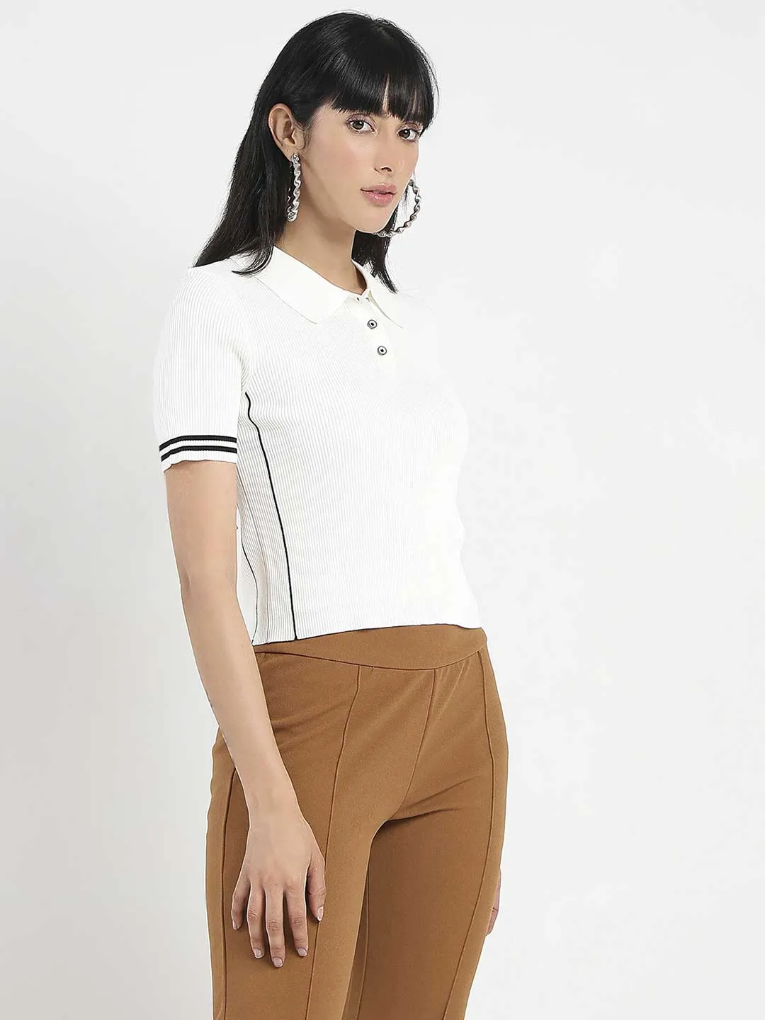 Madame Contrast Trim Polo Neck White Knitted T-shirt VintageWashEffect Relax Style Trend