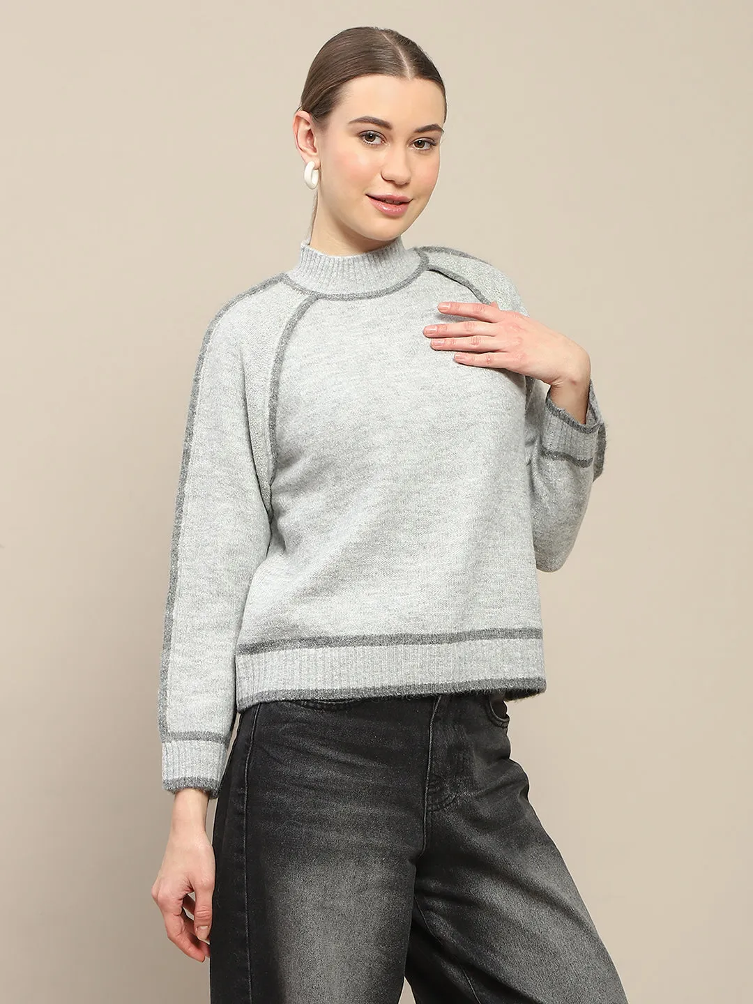 Ribbed Hem Chic Design Madame Contrast Trimming Grey Sweater