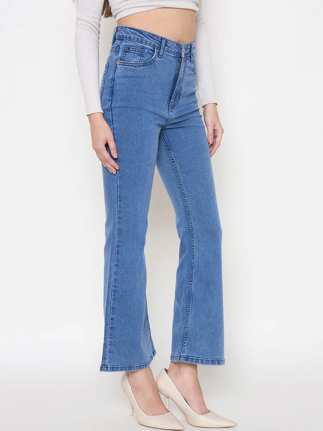 Style Match Madame Cotton Blend Flared Fit Mid Blue Denim Jeans