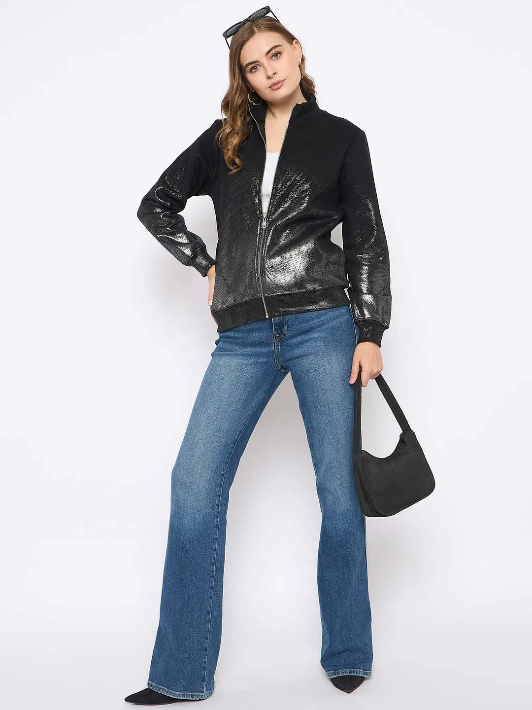 Customer Satisfaction Lounge Fit Madame Cotton Blend Quilted Zipped Black Sweatshirt