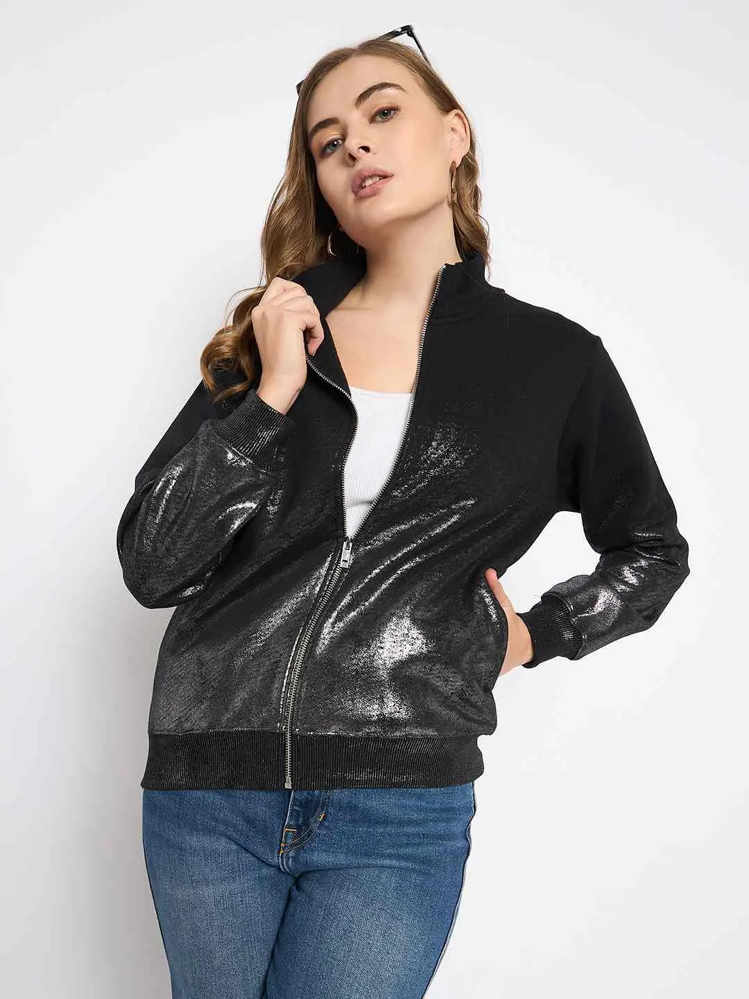 Sporty Jacket Snug Wear Madame Cotton Blend Quilted Zipped Black Sweatshirt