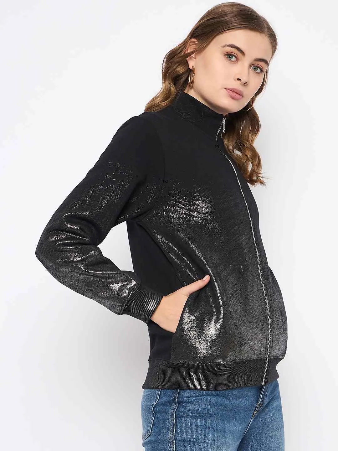 Madame Cotton Blend Quilted Zipped Black Sweatshirt Weekend Ready