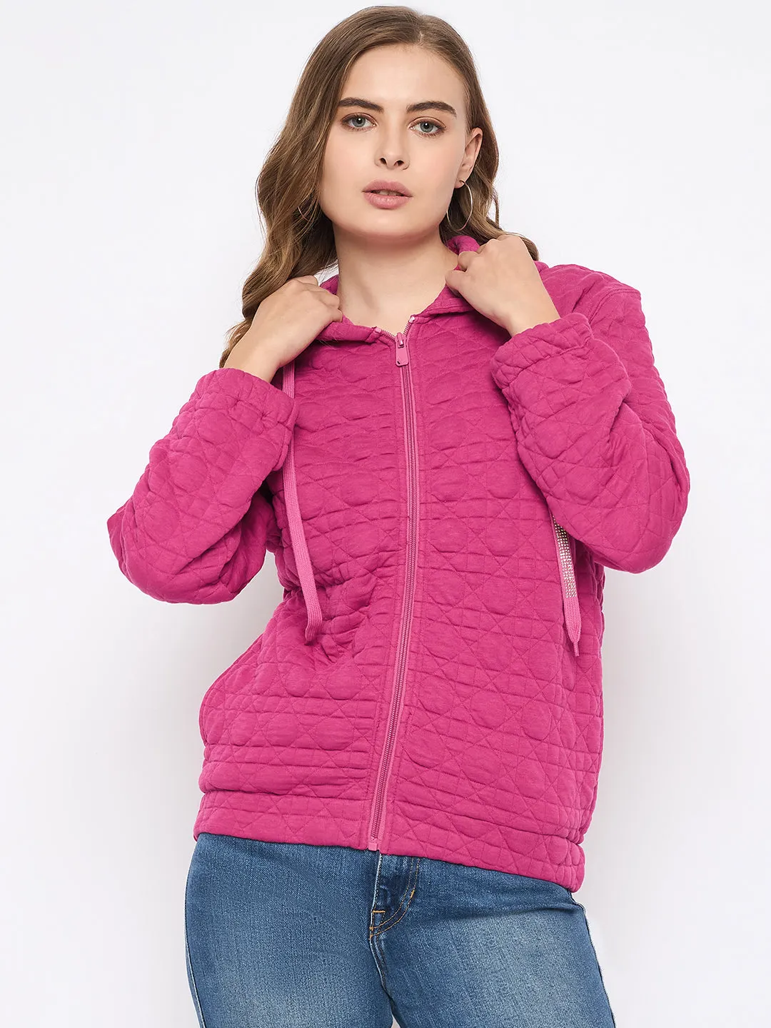 Madame Cotton Blend Self-Textured Zipped Hot Pink Sweatshirt Anti Odor
