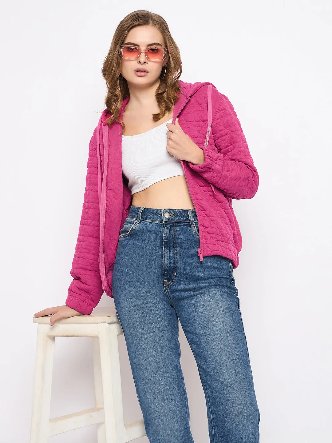Comfort Layer Premium Quality Madame Cotton Blend Self-Textured Zipped Hot Pink Sweatshirt