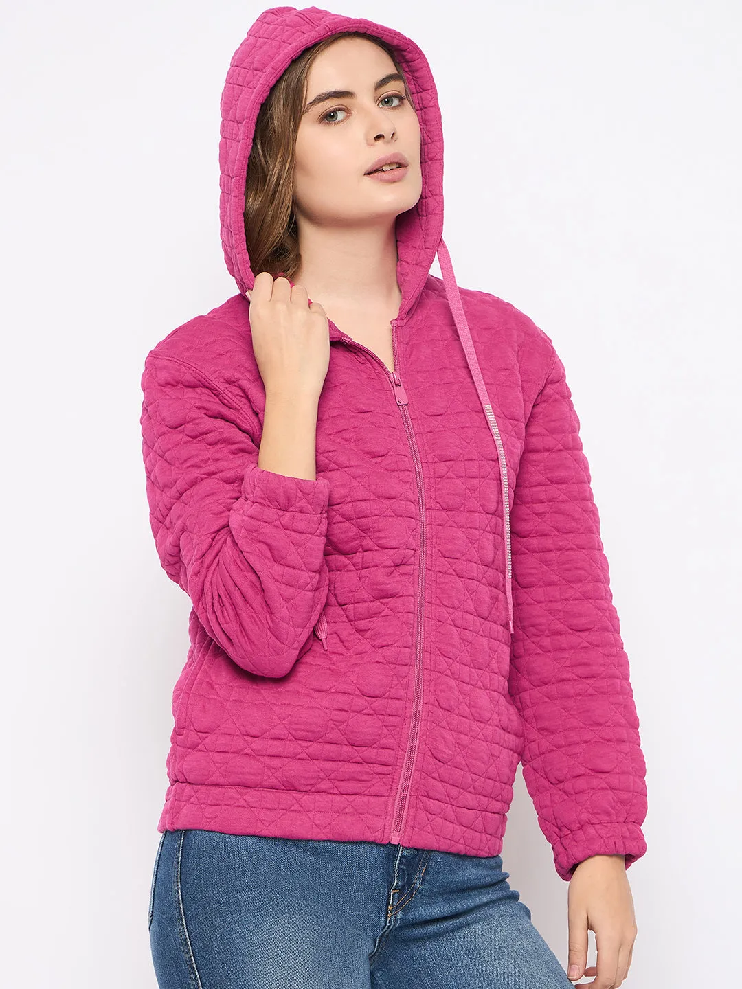 casual top product semi formal appeal Madame Cotton Blend Self-Textured Zipped Hot Pink Sweatshirt