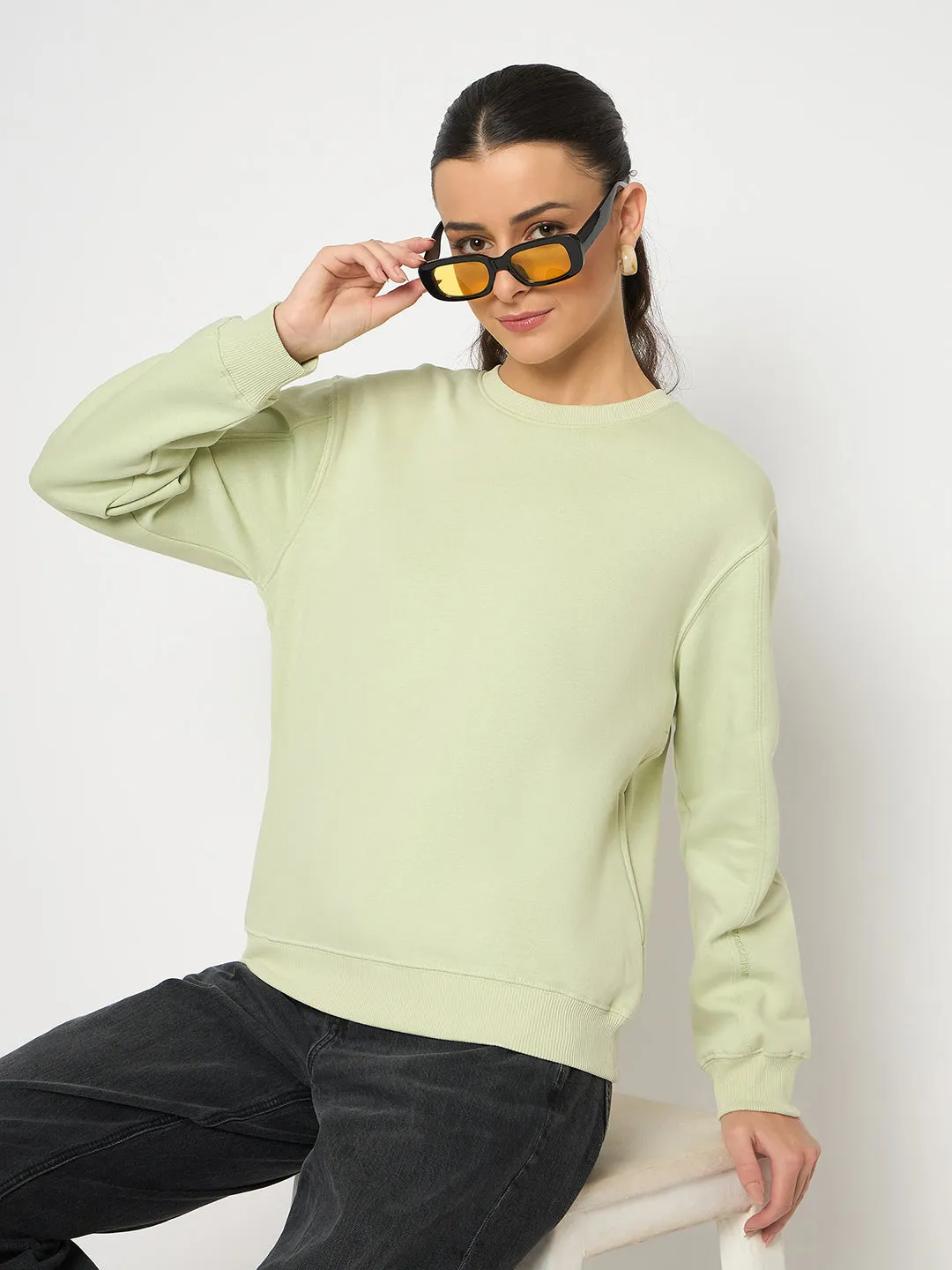 Warm Comfort City Fit Madame Cotton Blend Solid Apple Green Sweatshirt