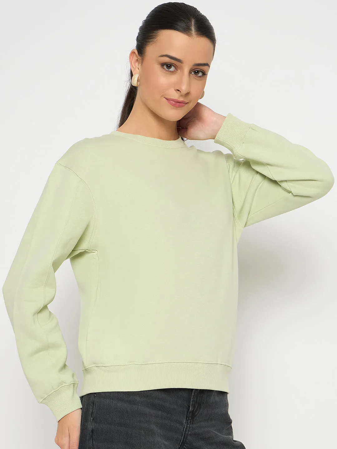 Madame Cotton Blend Solid Apple Green Sweatshirt product handmade uniqueness